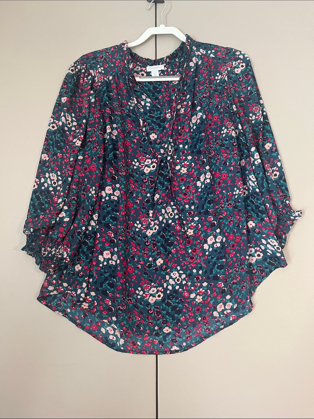 Carolina Belle Teal Floral Tie-Neck Blouse with Pink Accents